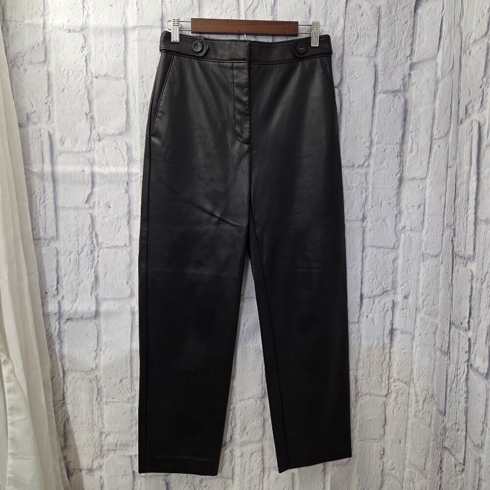 Ann Taylor Size 2 Black Faux Leather High Rise Straight Leg Pants Button Detail